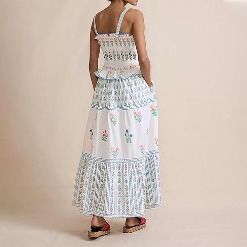 Women Summer Smocked Flowy Dress Spaghetti Strap Square Neck Floral Dress Ruffle Patchwork Boho A Line Midi Sun Dress in Kuwait