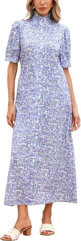 Women's Floral Button Down Shirt Midi Dress Casual Puff Sleeve Ruffle Collar Dress Summer Beach Party Dress in Saudi Arabia