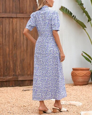 Women's Floral Button Down Shirt Midi Dress Casual Puff Sleeve Ruffle Collar Dress Summer Beach Party Dress in Saudi Arabia