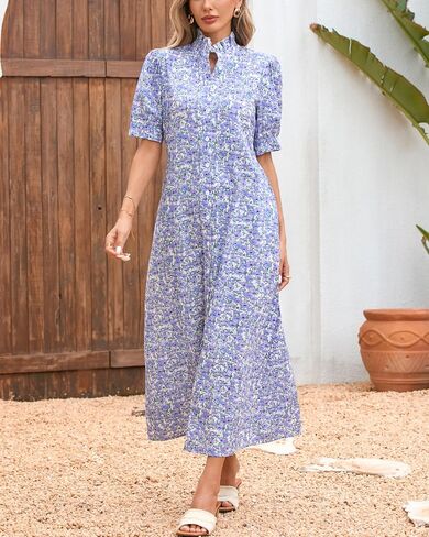 Women's Floral Button Down Shirt Midi Dress Casual Puff Sleeve Ruffle Collar Dress Summer Beach Party Dress in Saudi Arabia