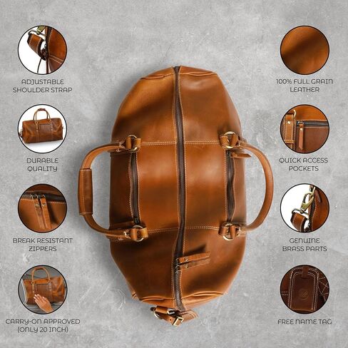 Premium Full-Grain Leather Duffle Bag for Men & Women | 20-Inch Handcrafted TSA Approved Carry-On Weekender Travel Bag with Multiple Pockets & Compartments by Northridge Leather (Antique Brown) in Saudi Arabia