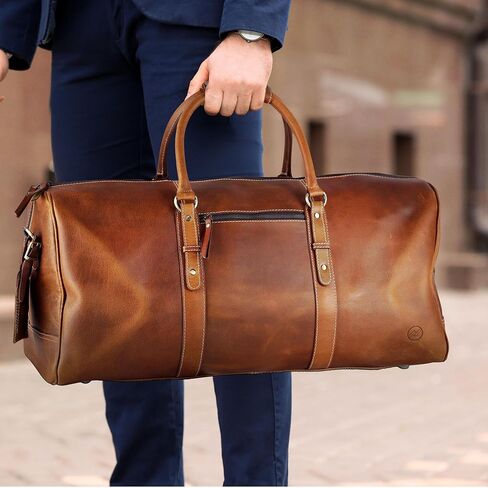 Premium Full-Grain Leather Duffle Bag for Men & Women | 20-Inch Handcrafted TSA Approved Carry-On Weekender Travel Bag with Multiple Pockets & Compartments by Northridge Leather (Antique Brown) in Saudi Arabia