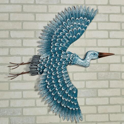 Heron Journey Coastal Metal Wall Sculpture | Handpainted Bold Blue Hues with Bronze Accents | Beautiful Flying Heron Bird Wall Art with Intricate Layered Feathers | Indoor or Outdoor Year-Round Use in Kuwait