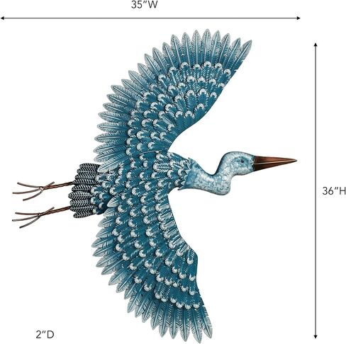Heron Journey Coastal Metal Wall Sculpture | Handpainted Bold Blue Hues with Bronze Accents | Beautiful Flying Heron Bird Wall Art with Intricate Layered Feathers | Indoor or Outdoor Year-Round Use in Kuwait