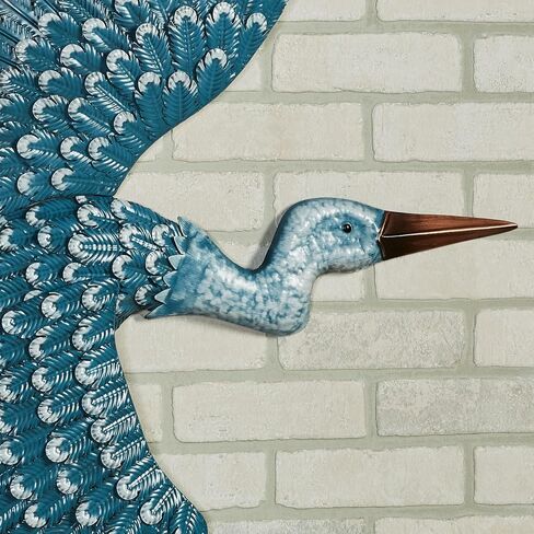 Heron Journey Coastal Metal Wall Sculpture | Handpainted Bold Blue Hues with Bronze Accents | Beautiful Flying Heron Bird Wall Art with Intricate Layered Feathers | Indoor or Outdoor Year-Round Use in Kuwait