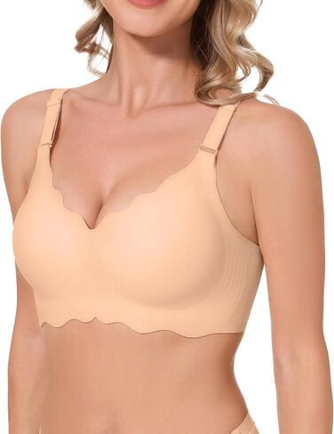 Comfortable Wirelss Seamless Padded Push Up Support Bra No Underwire Scalloped Neck Full Coverage Back Smoothing Bra in Saudi Arabia