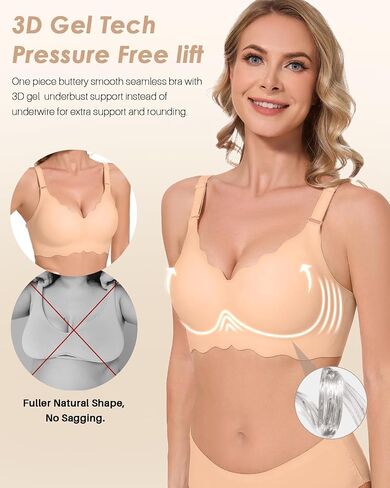Comfortable Wirelss Seamless Padded Push Up Support Bra No Underwire Scalloped Neck Full Coverage Back Smoothing Bra in Saudi Arabia