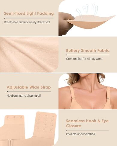 Comfortable Wirelss Seamless Padded Push Up Support Bra No Underwire Scalloped Neck Full Coverage Back Smoothing Bra in Saudi Arabia