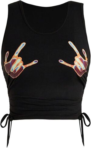 SHENHE Women's Summer Ruched Sleeveless Hands Print Crewneck Drawstring Tank Crop Tops in Saudi Arabia