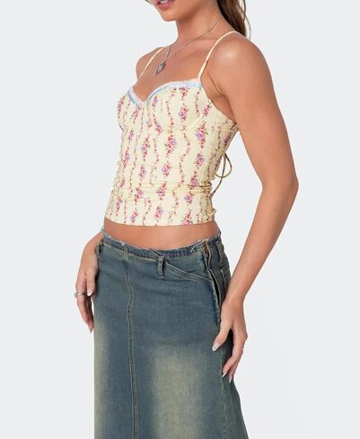 Women Corest Cami Top Spaghetti Strap Criss Cross Lace Up Backless Low Cut V-Neck Lace Trim Floral Print Skinny Tank Top in Saudi Arabia