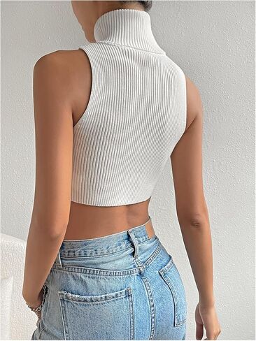 Floerns Women's Solid Sleeveless Ribbed Vest Turtleneck Knitted Crop Tank Top in Saudi Arabia