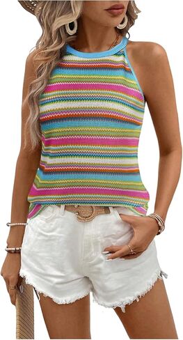 GORGLITTER Women's Striped Crochet Camisole Top Color Block Sleeveless Knit Going Out Tops in Saudi Arabia