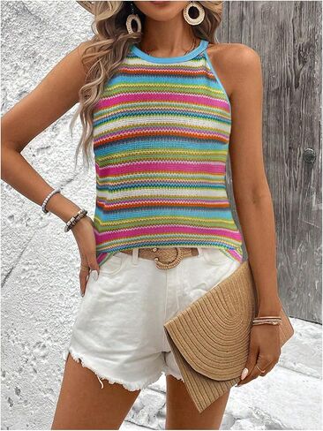 GORGLITTER Women's Striped Crochet Camisole Top Color Block Sleeveless Knit Going Out Tops in Saudi Arabia