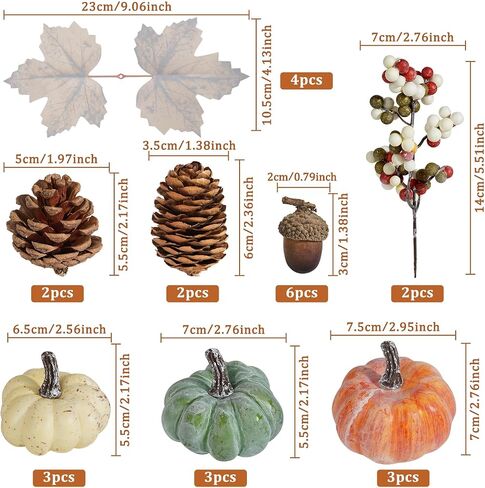Artmag 25 PCS Pumpkin Decor Set, Artificial Pumpkins Fall Decor for Halloween Thanksgiving Decorations with Acorns, Pinecones, Berries, Maple Leaves for Home Table in Kuwait