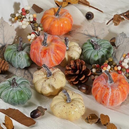 Artmag 25 PCS Pumpkin Decor Set, Artificial Pumpkins Fall Decor for Halloween Thanksgiving Decorations with Acorns, Pinecones, Berries, Maple Leaves for Home Table in Kuwait