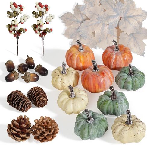 Artmag 25 PCS Pumpkin Decor Set, Artificial Pumpkins Fall Decor for Halloween Thanksgiving Decorations with Acorns, Pinecones, Berries, Maple Leaves for Home Table in Kuwait