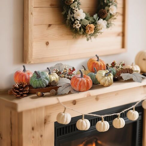 Artmag 25 PCS Pumpkin Decor Set, Artificial Pumpkins Fall Decor for Halloween Thanksgiving Decorations with Acorns, Pinecones, Berries, Maple Leaves for Home Table in Kuwait