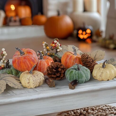 Artmag 25 PCS Pumpkin Decor Set, Artificial Pumpkins Fall Decor for Halloween Thanksgiving Decorations with Acorns, Pinecones, Berries, Maple Leaves for Home Table in Kuwait