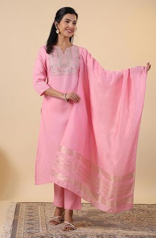 Janasya Indian Women's Kurta Kurti Set for Women Cotton Straight Dark Green Yoke Embroidery Calf Length Kurta Kurti Set in Kuwait