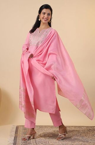 Janasya Indian Women's Kurta Kurti Set for Women Cotton Straight Dark Green Yoke Embroidery Calf Length Kurta Kurti Set in Kuwait