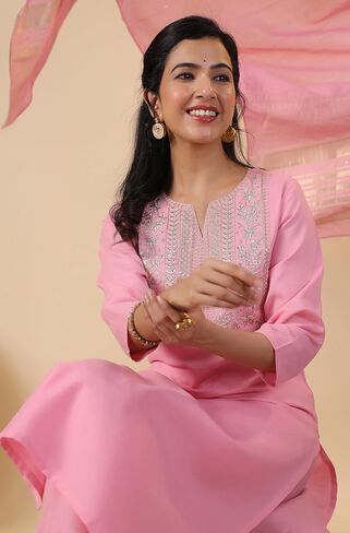 Janasya Indian Women's Kurta Kurti Set for Women Cotton Straight Dark Green Yoke Embroidery Calf Length Kurta Kurti Set in Kuwait