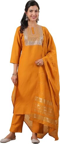 Janasya Indian Women's Kurta Kurti Set for Women Cotton Straight Dark Green Yoke Embroidery Calf Length Kurta Kurti Set in Kuwait