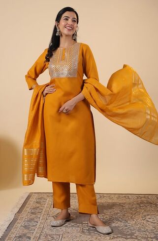 Janasya Indian Women's Kurta Kurti Set for Women Cotton Straight Dark Green Yoke Embroidery Calf Length Kurta Kurti Set in Kuwait