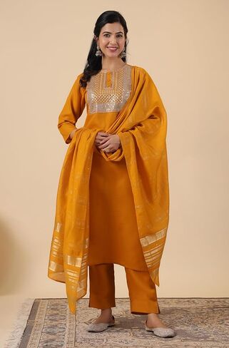 Janasya Indian Women's Kurta Kurti Set for Women Cotton Straight Dark Green Yoke Embroidery Calf Length Kurta Kurti Set in Kuwait