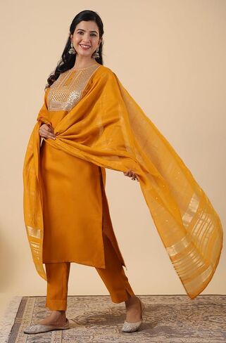 Janasya Indian Women's Kurta Kurti Set for Women Cotton Straight Dark Green Yoke Embroidery Calf Length Kurta Kurti Set in Kuwait