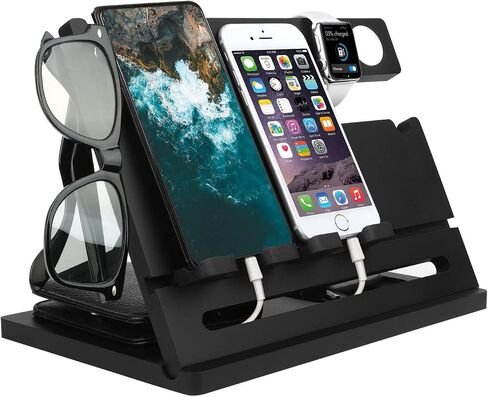 Bamboo Double Phone Docking Station Ash Key Holder Wallet Stand Watch Organizer Men Wife Dad Birthday Gift Nightstand Father Gadgets Compatible with iPhone iWatch in Saudi Arabia