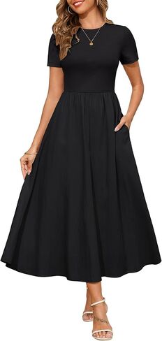Annebouti Womens 2025 Summer Spring Maxi Dress Trendy Elegant Short Sleeve Cotton Top Casual Long Dress with Pockets in Kuwait