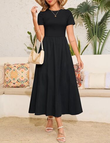 Annebouti Womens 2025 Summer Spring Maxi Dress Trendy Elegant Short Sleeve Cotton Top Casual Long Dress with Pockets in Kuwait