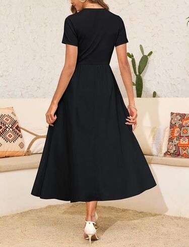 Annebouti Womens 2025 Summer Spring Maxi Dress Trendy Elegant Short Sleeve Cotton Top Casual Long Dress with Pockets in Kuwait