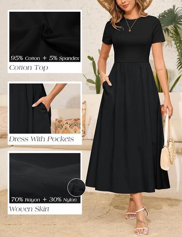 Annebouti Womens 2025 Summer Spring Maxi Dress Trendy Elegant Short Sleeve Cotton Top Casual Long Dress with Pockets in Kuwait