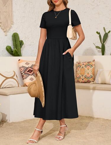 Annebouti Womens 2025 Summer Spring Maxi Dress Trendy Elegant Short Sleeve Cotton Top Casual Long Dress with Pockets in Kuwait