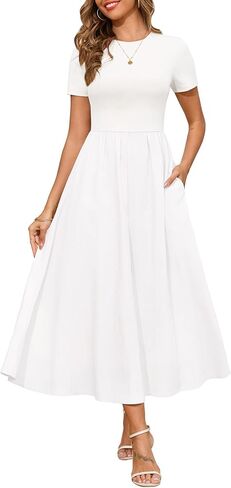 Annebouti Womens 2025 Summer Spring Maxi Dress Trendy Elegant Short Sleeve Cotton Top Casual Long Dress with Pockets in Kuwait