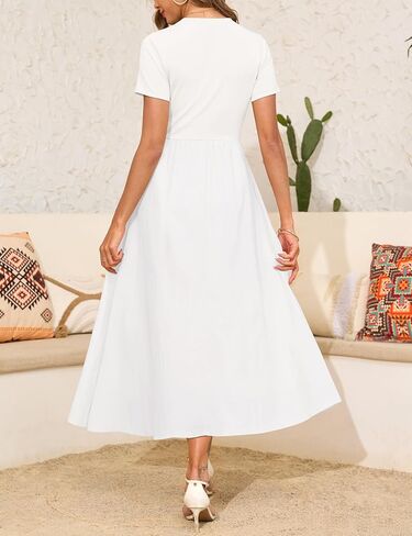 Annebouti Womens 2025 Summer Spring Maxi Dress Trendy Elegant Short Sleeve Cotton Top Casual Long Dress with Pockets in Kuwait