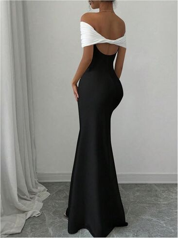 Soly Hux Women's Off the Counder Coll Block Bodycon Fishtail Long Maxi Dress Party Cocktail in Saudi Arabia