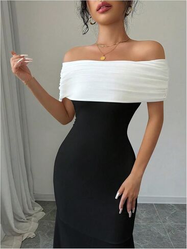 Soly Hux Women's Off the Counder Coll Block Bodycon Fishtail Long Maxi Dress Party Cocktail in Saudi Arabia