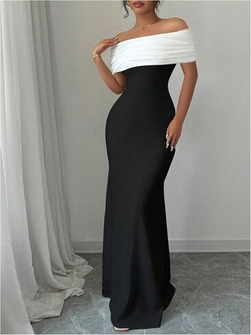 Soly Hux Women's Off the Counder Coll Block Bodycon Fishtail Long Maxi Dress Party Cocktail in Saudi Arabia