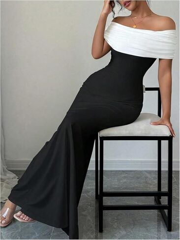 Soly Hux Women's Off the Counder Coll Block Bodycon Fishtail Long Maxi Dress Party Cocktail in Saudi Arabia