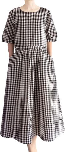 Minibee Women's Cotton Linen Dress Summer Short Sleeve Casual Plaid Flowy A-Line Midi Dresses with Pockets in Saudi Arabia