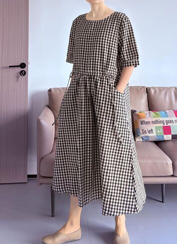Minibee Women's Cotton Linen Dress Summer Short Sleeve Casual Plaid Flowy A-Line Midi Dresses with Pockets in Saudi Arabia