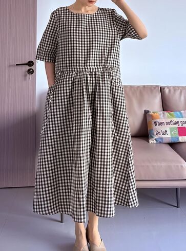 Minibee Women's Cotton Linen Dress Summer Short Sleeve Casual Plaid Flowy A-Line Midi Dresses with Pockets in Saudi Arabia