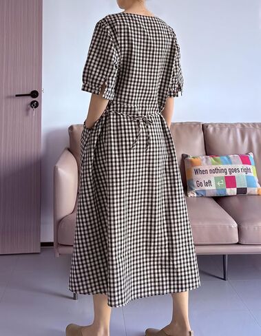 Minibee Women's Cotton Linen Dress Summer Short Sleeve Casual Plaid Flowy A-Line Midi Dresses with Pockets in Saudi Arabia