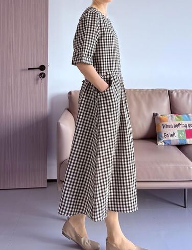 Minibee Women's Cotton Linen Dress Summer Short Sleeve Casual Plaid Flowy A-Line Midi Dresses with Pockets in Saudi Arabia