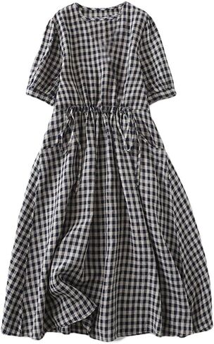 Minibee Women's Cotton Linen Dress Summer Short Sleeve Casual Plaid Flowy A-Line Midi Dresses with Pockets in Saudi Arabia
