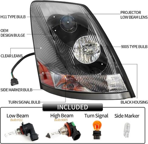 Headlight Assembly Compatible with 2004-2018 Volvo VNL VNM 2004-2015 Volvo VN Halogen, Headlamps Head Light Lamp W/Bulbs Housing Pair (Black/right side) in Saudi Arabia