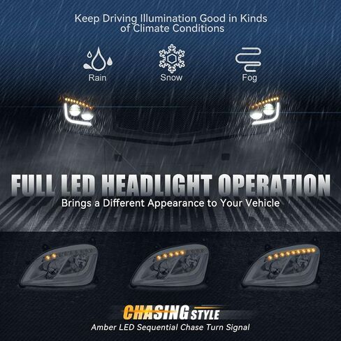 Auto Dynasty المصابيح الأمامية Assembly L-LED DRL مع إشارة تشيس العنبر LED Signal متتالية متوافقة مع Peterbilt 579 587،2011-2021 ، سائق وجانب الركاب ، السكن الأسود in Kuwait
