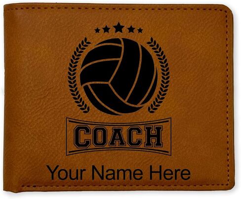 محفظة Lasergram Faux Leather Bi-Fold ، مدرب للكرة الطائرة ، شملت نقشًا شخصيًا (بني داكن) in Kuwait